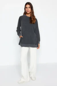 Trendyol Modest Anthracite Washable Side Slit Detailed Oversized Knitting Sweatshirt