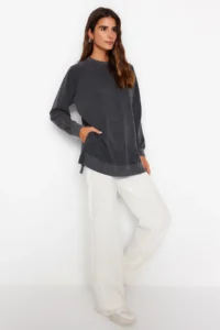 Trendyol Modest Anthracite Washable Side Slit Detailed Oversized Knitting Sweatshirt - Image 2