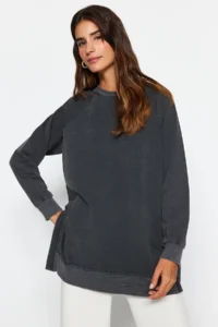 Trendyol Modest Anthracite Washable Side Slit Detailed Oversized Knitting Sweatshirt - Image 3