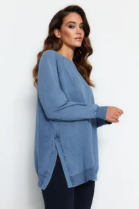 Trendyol Modest BLUE Washable Side Slit Detailed Oversized Knitting Sweatshirt
