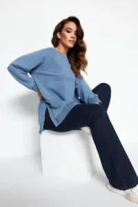 Trendyol Modest BLUE Washable Side Slit Detailed Oversized Knitting Sweatshirt - Image 2