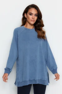 Trendyol Modest BLUE Washable Side Slit Detailed Oversized Knitting Sweatshirt - Image 3