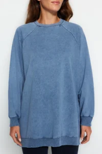 Trendyol Modest BLUE Washable Side Slit Detailed Oversized Knitting Sweatshirt - Image 4