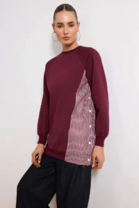 Trendyol Modest Burgundy Regular 2 Yarn combed Plain Knitting  Hijab Sweatshirt