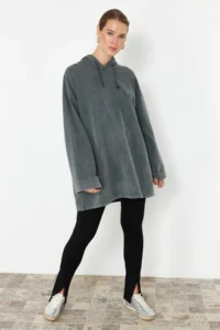 Trendyol Modest Anthracite Asit Washable Hooded Oversized Knitting Sweatshirt