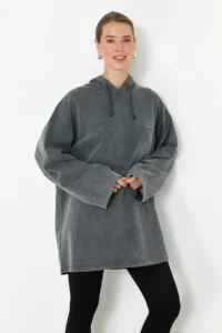Trendyol Modest Anthracite Asit Washable Hooded Oversized Knitting Sweatshirt - Image 2