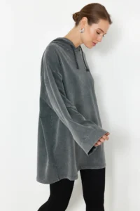 Trendyol Modest Anthracite Asit Washable Hooded Oversized Knitting Sweatshirt - Image 3