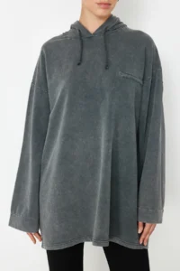 Trendyol Modest Anthracite Asit Washable Hooded Oversized Knitting Sweatshirt - Image 5