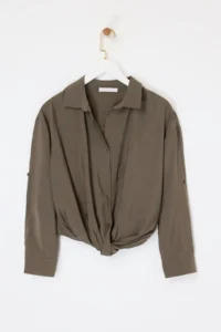 TRENDYOLMİLLA Khaki Binding Detailed Modal Shirt Blouse - Image 3
