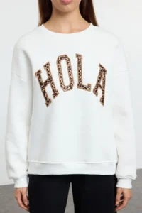 TRENDYOLMİLLA Ecru animals Leopard Slogan Printed Sweatshirt - Image 3