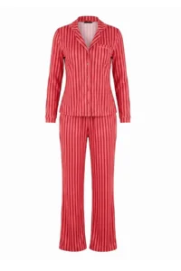 TRENDYOLMİLLA Burgundy-PINK 100% Cotton Striped Biye Detailed Knitting Pajama Set