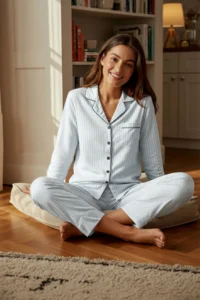 TRENDYOLMİLLA Light BLUE 100% Cotton Striped Biye Detailed Knitting Pajama Set