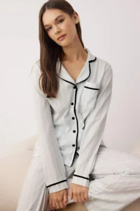 TRENDYOLMİLLA Light BLUE 100% Cotton Striped Biye Detailed Knitting Pajama Set - Image 3
