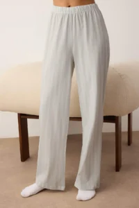 TRENDYOLMİLLA Light BLUE 100% Cotton Striped Biye Detailed Knitting Pajama Set - Image 4