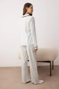 TRENDYOLMİLLA Light BLUE 100% Cotton Striped Biye Detailed Knitting Pajama Set - Image 5