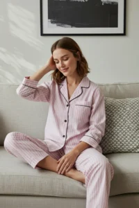 TRENDYOLMİLLA Powder PINK 100% Cotton Striped Biye Detailed Knitting Pajama Set - Image 2