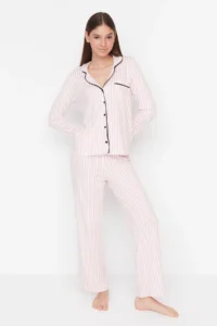 TRENDYOLMİLLA Powder PINK 100% Cotton Striped Biye Detailed Knitting Pajama Set - Image 3