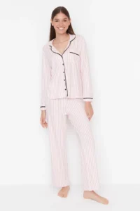 TRENDYOLMİLLA Powder PINK 100% Cotton Striped Biye Detailed Knitting Pajama Set - Image 4