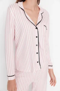 TRENDYOLMİLLA Powder PINK 100% Cotton Striped Biye Detailed Knitting Pajama Set - Image 5