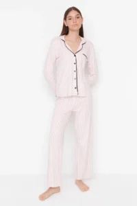 TRENDYOLMİLLA Powder PINK 100% Cotton Striped Biye Detailed Knitting Pajama Set - Image 6