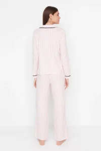 TRENDYOLMİLLA Powder PINK 100% Cotton Striped Biye Detailed Knitting Pajama Set - Image 7