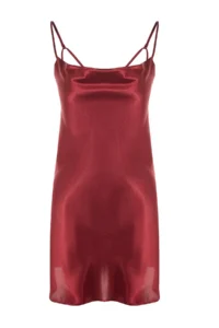 TRENDYOLMİLLA Burgundy Off-Shoulder Neck Back Detailed Rope Sleeveless Satin Weaving Nightgown - Image 8