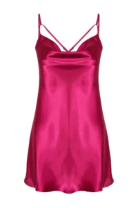 TRENDYOLMİLLA Fuchsia Off-Shoulder Neck Back Detailed Satin Weaving Nightgown - Image 8