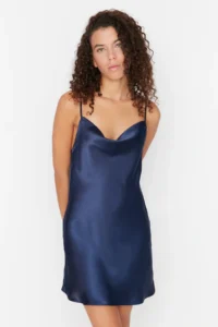 TRENDYOLMİLLA NAVY BLUE Off-Shoulder Neck Back Detailed Rope Sleeveless Satin Weaving Nightgown - Image 3