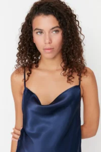 TRENDYOLMİLLA NAVY BLUE Off-Shoulder Neck Back Detailed Rope Sleeveless Satin Weaving Nightgown - Image 6