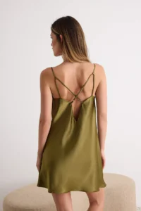 TRENDYOLMİLLA Oil Green Off-Shoulder Neck Back Detailed Satin Weaving Nightgown - Image 4