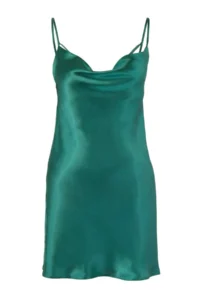 TRENDYOLMİLLA Petrol Off-Shoulder Neck Back Detailed Rope Sleeveless Satin Weaving Nightgown - Image 3