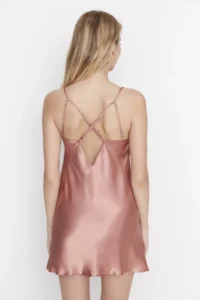 TRENDYOLMİLLA Salmon Off-Shoulder Neck Back Detailed Rope Sleeveless Satin Weaving Nightgown - Image 5