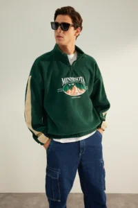 MAN Emerald Green Unisex Oversized/Wide Cut High Neck Anti-pilling Fleece Sweatshirt - Image 2