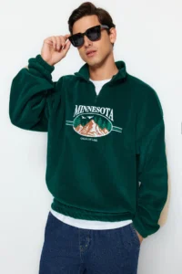 MAN Emerald Green Unisex Oversized/Wide Cut High Neck Anti-pilling Fleece Sweatshirt - Image 4