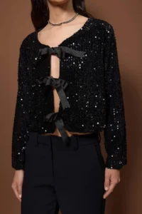 TRENDYOLMİLLA Black Front tied up Sequin Jacket - Image 3