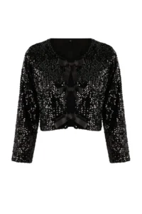 TRENDYOLMİLLA Black Front tied up Sequin Jacket - Image 5
