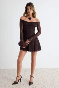 TRENDYOLMİLLA Brown Knitting Lace Short / Mini Lined her dress