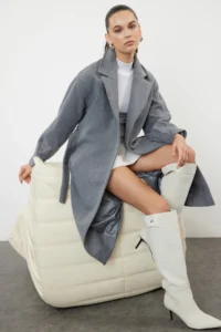 TRENDYOLMİLLA Gray  Hair Clip Detailed Belted Regular Overcoat
