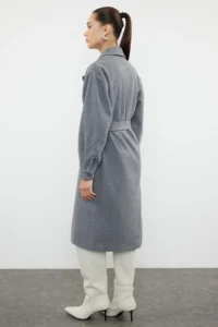 TRENDYOLMİLLA Gray  Hair Clip Detailed Belted Regular Overcoat - Image 2