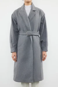 TRENDYOLMİLLA Gray  Hair Clip Detailed Belted Regular Overcoat - Image 5