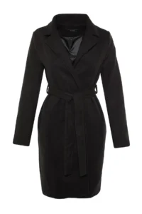 TRENDYOLMİLLA Black Fitted Pattern Belted LONG Woolly Bowl Overcoat - Image 11