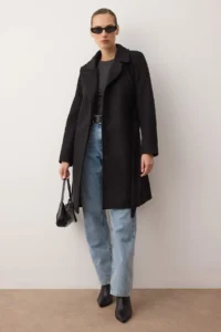 TRENDYOLMİLLA Black Fitted Pattern Belted LONG Woolly Bowl Overcoat - Image 2