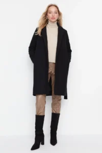 TRENDYOLMİLLA Black Fitted Pattern Belted LONG Woolly Bowl Overcoat - Image 5