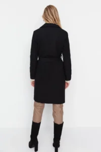 TRENDYOLMİLLA Black Fitted Pattern Belted LONG Woolly Bowl Overcoat - Image 6