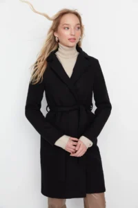 TRENDYOLMİLLA Black Fitted Pattern Belted LONG Woolly Bowl Overcoat - Image 8