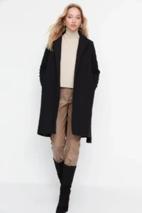 TRENDYOLMİLLA Black Fitted Pattern Belted LONG Woolly Bowl Overcoat - Image 9