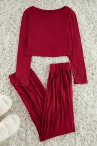 TRENDYOLMİLLA Burgundy Viscose Knitting Pajama Set - Image 2