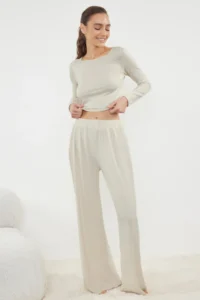 TRENDYOLMİLLA Stone Bottom Wide Leg Viscose Knitting Pajama Set