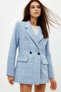 TRENDYOLMİLLA Light BLUE Oversized Weaving Plaid Blazer Jacket - Image 2