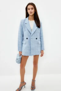 TRENDYOLMİLLA Light BLUE Oversized Weaving Plaid Blazer Jacket - Image 3